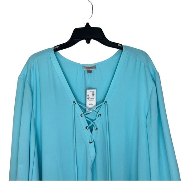 Avenue Light Blue 3/4 Sleeve Tie Neck Asymmetrical Chiffon Blouse 26/28 - Picture 3 of 13
